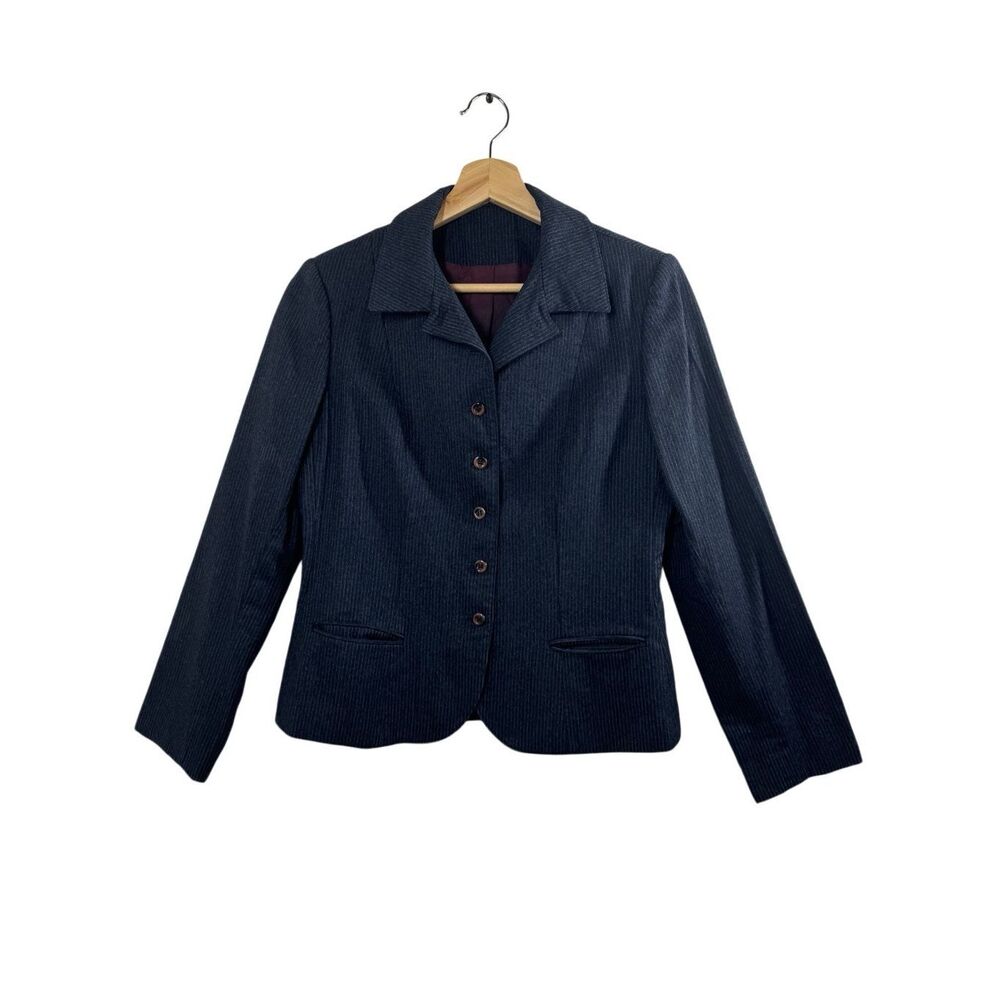 Renlyn Black Long Sleeve Wool Blazer Jacket Pinstriped Collared Career Formal